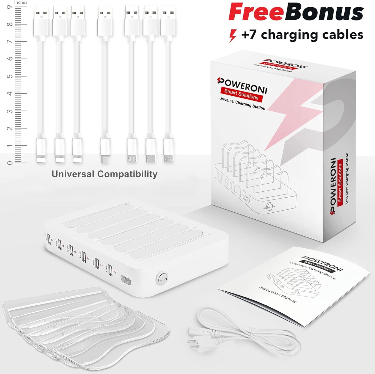 USB Charging Station - 6 Port Universal Charging Station for Multiple Devices - Multi Device Charger Dock - Compatible with Apple, iPad, iPhone, Android Cell Phones, and Tablets - Black