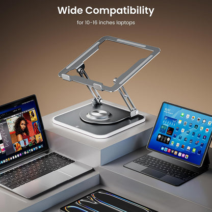 JOYEKY Laptop Stand for Desk, Adjustable Computer Stand with 360° Rotating Base, Ergonomic Laptop Riser for Collaborative Work, Foldable & Portable Laptop Stand, fits for All 10-16" Laptops (Grey)
