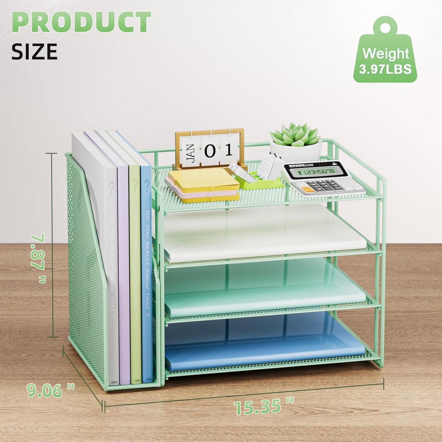 Marbrasse Desk Organizer and Accessories，4-Tier Paper Letter Tray Organizer with File Holder，Desk Accessories & Workspace Desktop Organizers for School Home Office Supplies (Blue)