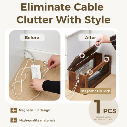 Chunful Extra Large Cable Management Box, 16'' Wood Cord Hider Organizer with Ventilation Nets & Organizer for Power Strip, TV Wires & Desk Cable Storage, Magnetic Lid Hide Floor Cables