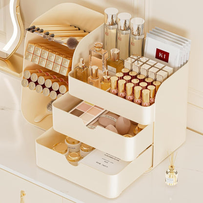 Booklov Makeup Organizer for Vanity, Countertop Cosmetic Display Case with Clear Acrylic Drawers, Bathroom Counter Beauty Caddy, Cute Table Storage Holder for Skincare, Brush Lipsticks, Crystal White