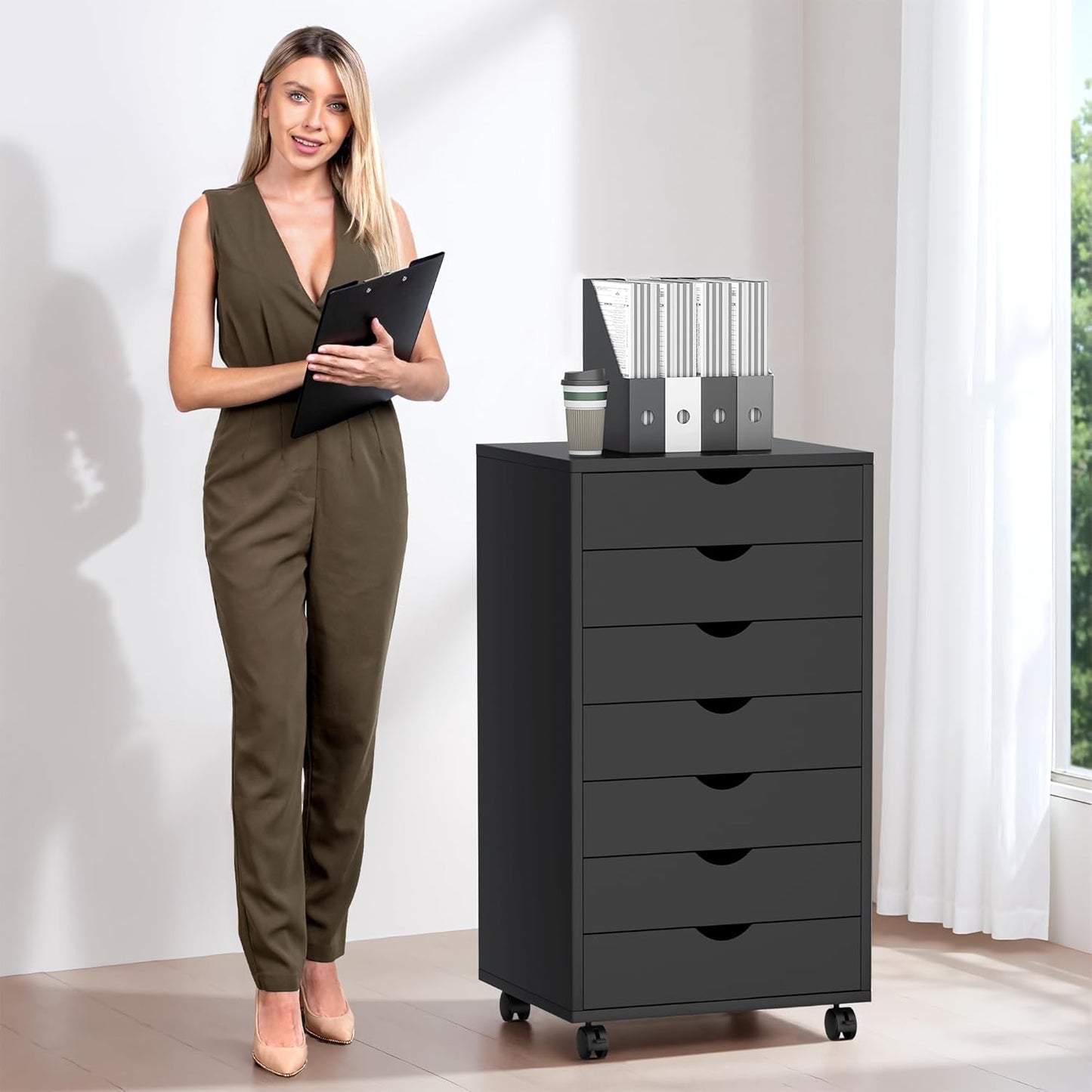 5 Drawer Mobile File Cabinet Under Desk Storage Organization with Wheels Vertical Filing Chest Rolling Wood Small Desk Printer Stand for Home Office, White