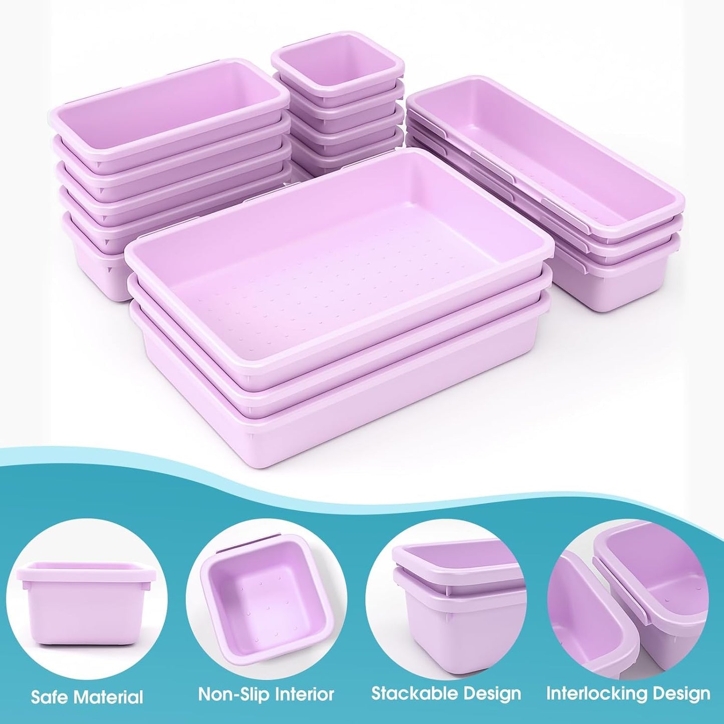 StoreHappily 10 PCS Drawer Organizer Set, 4 Size Makeup Drawer Divider Organizer With Non-Slip Pads, Interlocking Plastic Storage Bins for Office,Jewelry Vanity,Gadgets, Bathroom,Kitchen, Black