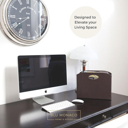 BLU MONACO Brown Woven Leather Magazine Holder Basket with Handles | Vertical File Organizer for Desk | File Folder Storage Bin for Office, Living Room or Bathroom
