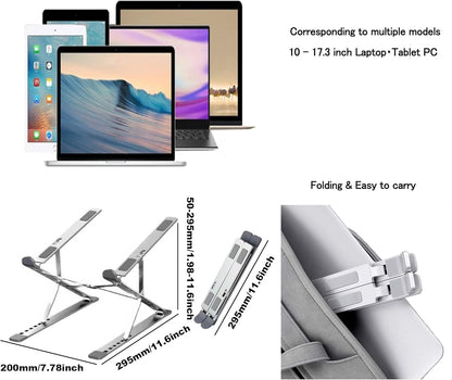 Ergonomic 7-Levels Angles Adjustable Laptop Stand, Portable Laptop Stand for Desk, Aluminum + Silicone Foldable Ventilated Cooling Laptop Riser for 10-17” Laptops, Tablets (Silver)