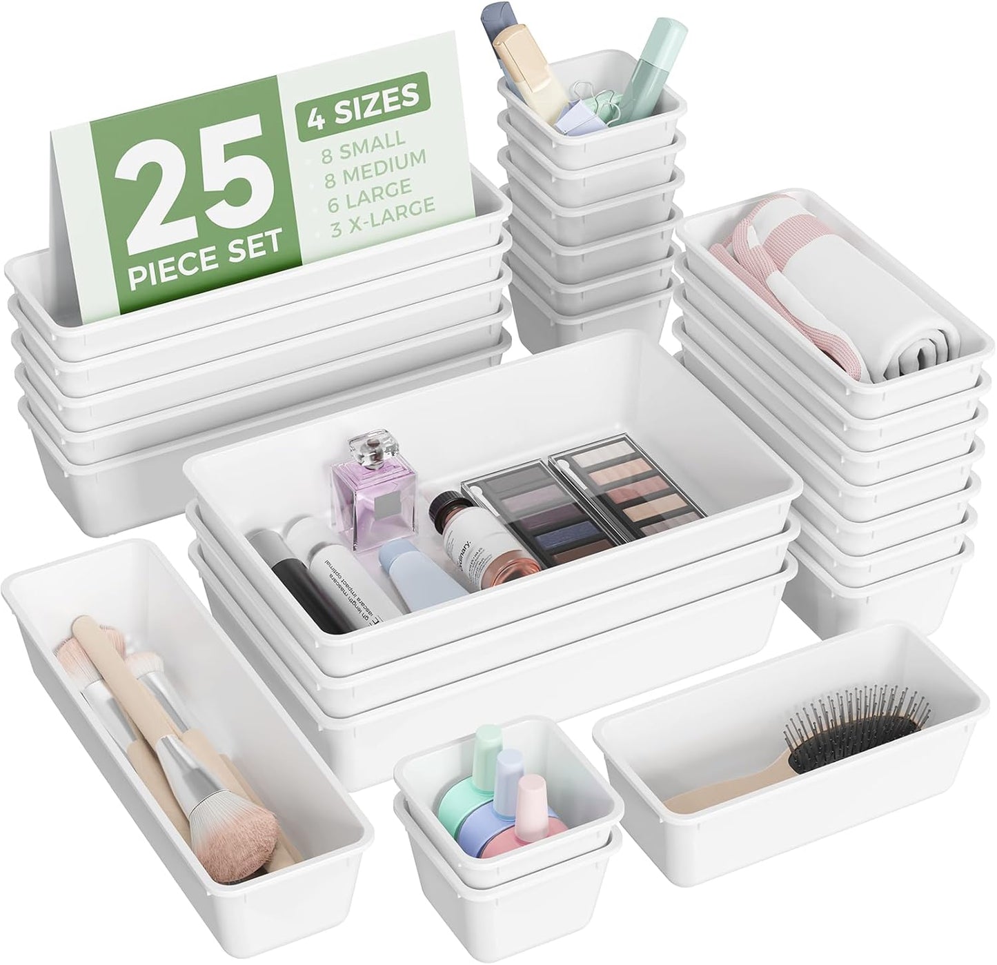 BiuLeon 25 PCS Plastic Drawer Organizers Set, 4-Sizes Vanity and Makeup Organizer, Desk and bathroom Drawer Organizer Trays, Organizers and Storage for Makeup, Jewelry, Gadgets, Utensils (Pink)