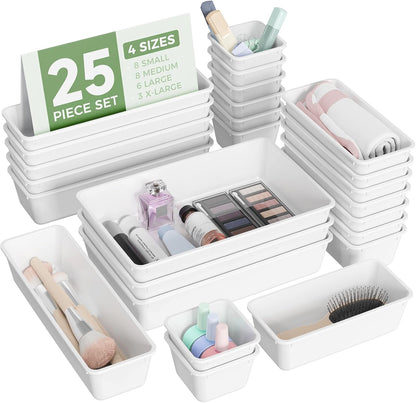 BiuLeon 25 PCS Plastic Drawer Organizers Set, 4-Sizes Vanity and Makeup Organizer, Desk and bathroom Drawer Organizer Trays, Organizers and Storage for Makeup, Jewelry, Gadgets, Utensils (Pink)