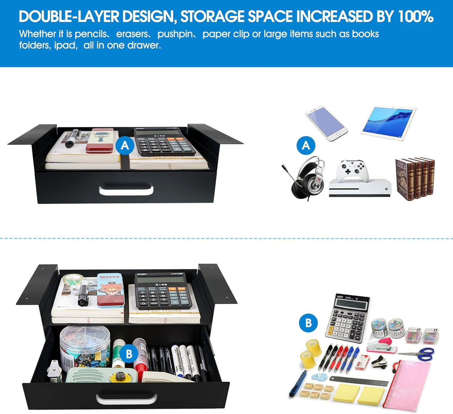GOME Under Desk Slide out Pencil Drawer with Space Divider Design for Storing Pencil and Office Accessories, Underdesk Pull out Tray Organizer Mounted for Sit Stand Workstation