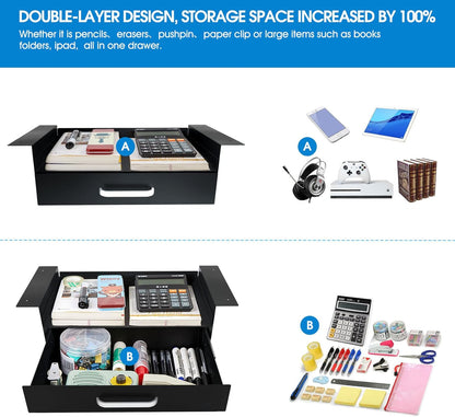 GOME Under Desk Slide out Pencil Drawer with Space Divider Design for Storing Pencil and Office Accessories, Underdesk Pull out Tray Organizer Mounted for Sit Stand Workstation