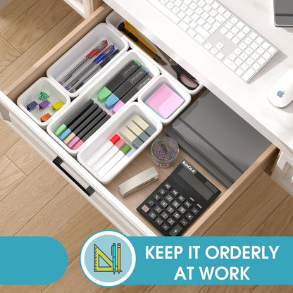 StoreHappily 10 PCS Drawer Organizer Set, 4 Size Makeup Drawer Divider Organizer With Non-Slip Pads, Interlocking Plastic Storage Bins for Office,Jewelry Vanity,Gadgets, Bathroom,Kitchen, Black