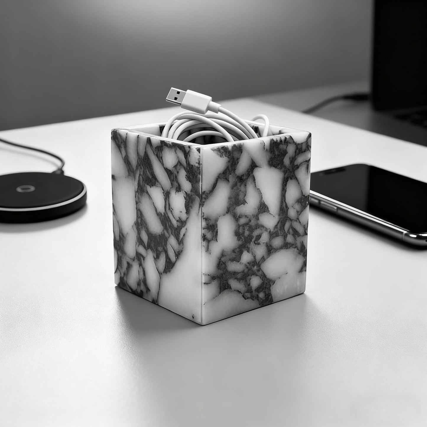 Marble Pen Holder, White Stone Rectangular Desktop Organizer, Office Study Makeup Brush Storage, Home Desk Decor, Minimalist Design, Durable Marble Accessory