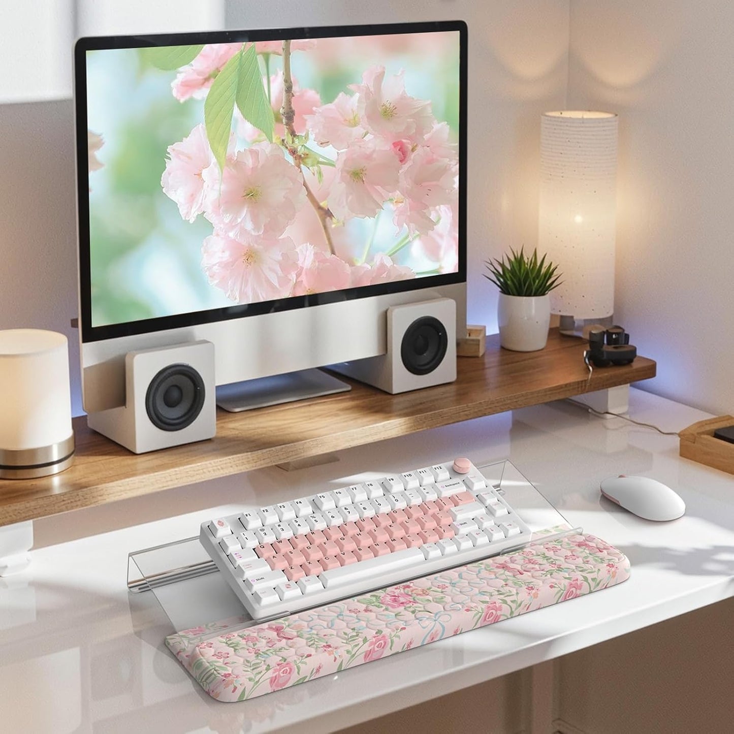 2 in 1 Keyboard Stand for Desktop, Floral Wrist Support for Keyboards, Anti-Fatigue Memory Foam Wrist Rest for Computer, 3-Angle Adjustable Keyboard Riser for Office Home (Pink Bow)