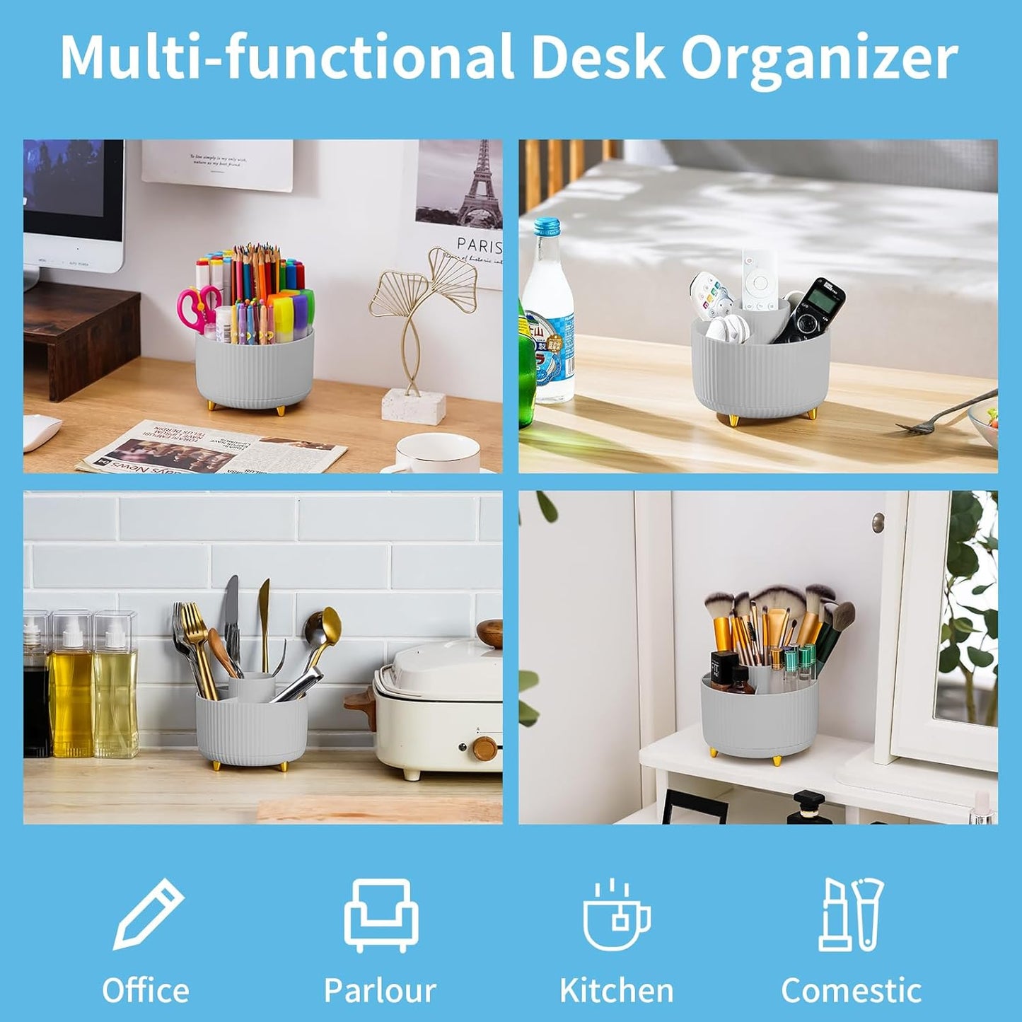 Marbrasse Desk Organizer, 360-Degree Rotating Pen Holder, Desk Organizers and Accessories with 5 Compartments Pencil Holder, Art Supply Storage Box Caddy for Office, Home（White）