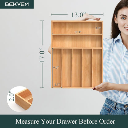 Small Silverware Organizer, Bamboo Kitchen Drawer Organizer, Utensil Holder, Cutlery Tray & Spoon Flatware Storage with Grooved Drawer Dividers (6.7''W x 12''D)