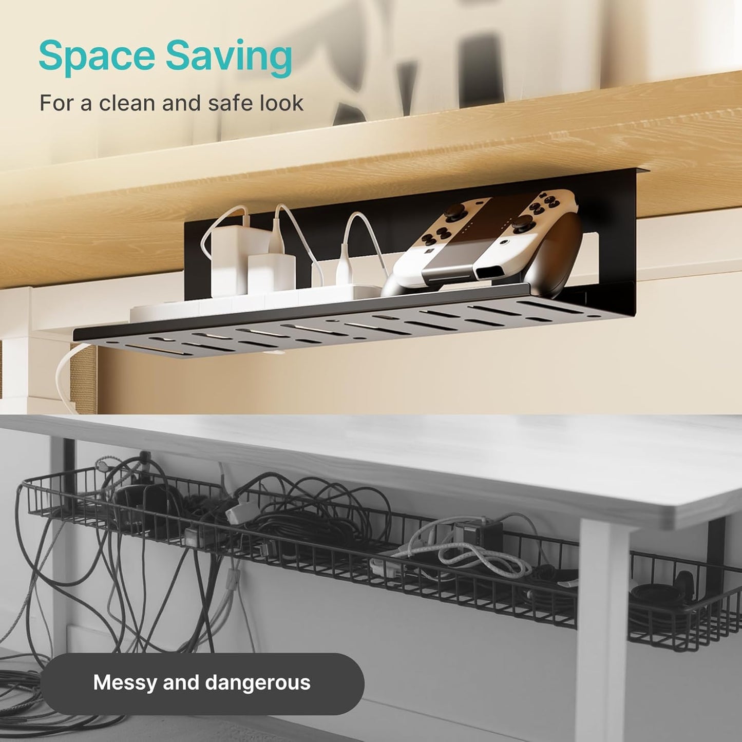 PEGZONE Under Desk Cable Management Tray, 31.5 Inches Metal Cord Organizer Rack, Desk Tray for Power Strip, Cord, Wire, Easy Mounting Cable Management Under Table for Home Office, Black