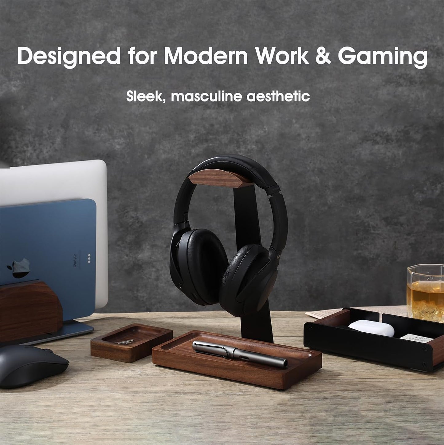 Walnut Wood Vertical Laptop Stand, Dual Slot Wooden Laptop Holder Vertical for Desk, Width Adjustable Dock Compatible with MacBook Pro and Universal Gaming Laptops