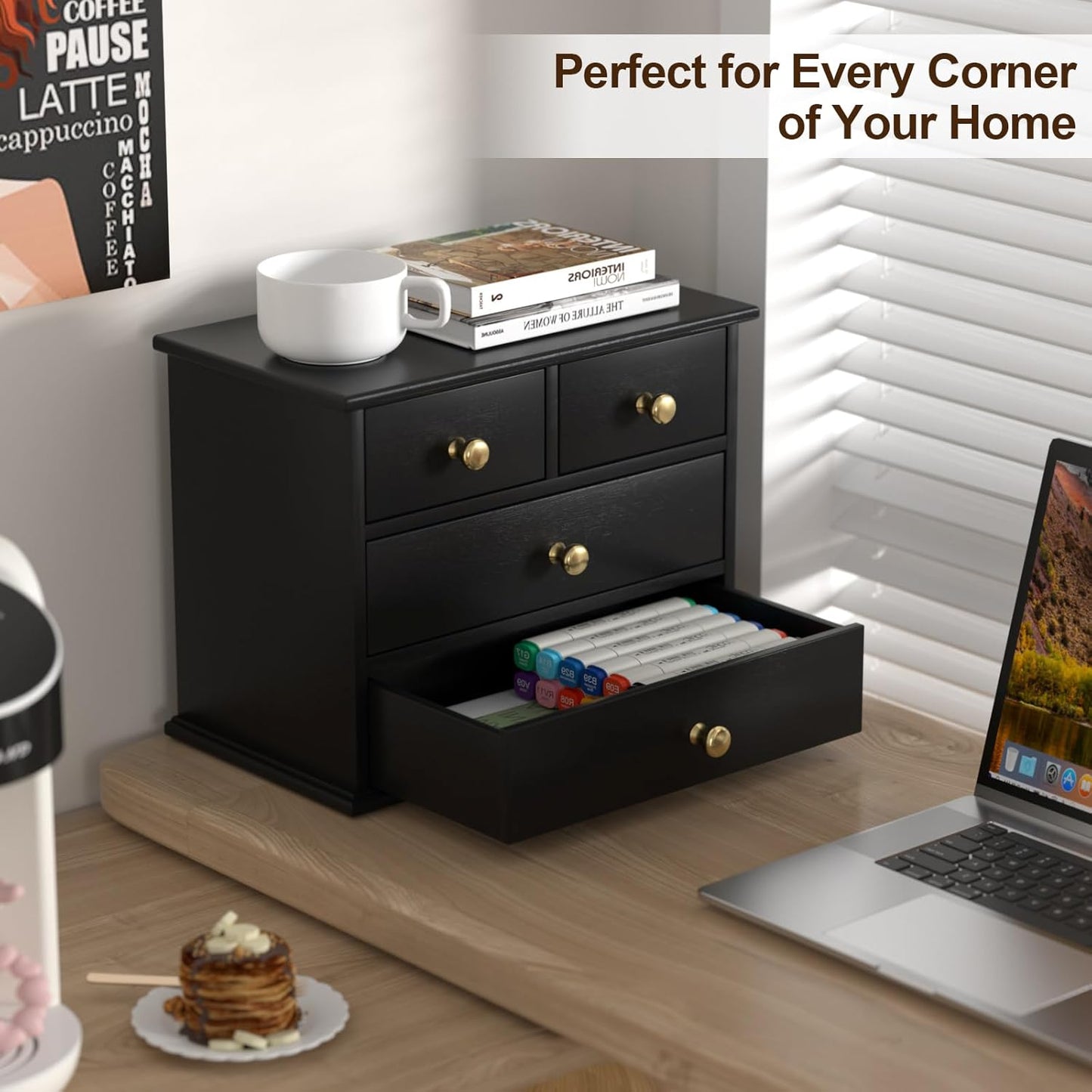 Oak Desk Organizer with Drawers, Durable Wooden Desktop Storage Box with Metal Handles & Non-Slip Silicone Pads, 4 Drawer Tabletop Organizer for Office, Bedroom, Bathroom, Vanity, and Makeup – Walnut