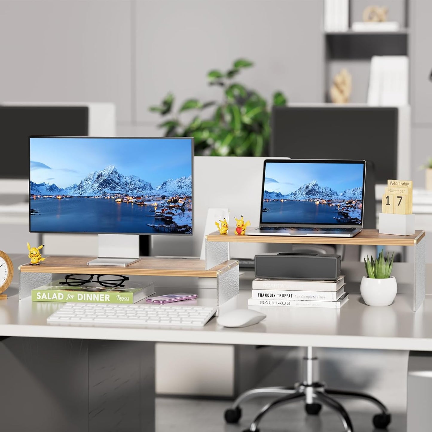 YGYQZ Adjustable Monitor Stand Riser with Acrylic Legs丨7.67" Wide Dual Monitor Stand for Desk丨2-Tier Wood Desktop Organizer for Computer, Laptop, Printer & PC丨Modern Aesthetic Desk Shelf(wood-flat)