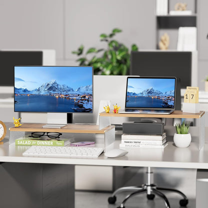YGYQZ Adjustable Monitor Stand Riser with Acrylic Legs丨7.67" Wide Dual Monitor Stand for Desk丨2-Tier Wood Desktop Organizer for Computer, Laptop, Printer & PC丨Modern Aesthetic Desk Shelf(wood-flat)
