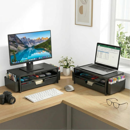 ECOLOVI Desk Organizer and Accessories, 2-Tier Computer Monitor Stand Rise with Storage Drawer & 2 Pen Holders, Laptop & Printer Stand for Desktop, Workspace Organizers for Office Supplies (Blue)