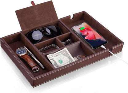 Baoyun Mens Nightstand Organizer, Leather Valet Tray for Men, EDC Catchall Tray with Phone Charging Station, Dresser Top Organizer, 6 Compartments Entryway Valet Box for Wallet, Keys, Phone