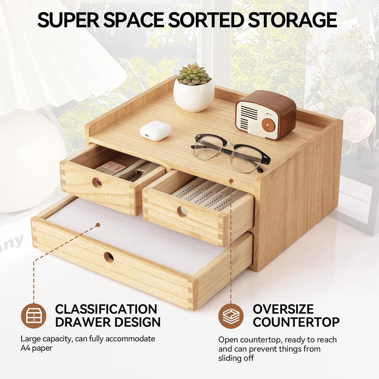 KIRIGEN Wooden Desktop Organizer Paper Storage Letter Tray File Sorter - Desk Rack Magazine File Dividers Holders for Home Office Accessories Wood Desk Cabinet with 3 Layer Trays Natural(3KWJG-NA)