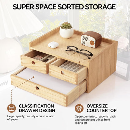 KIRIGEN Wooden Desktop Organizer Paper Storage Letter Tray File Sorter - Desk Rack Magazine File Dividers Holders for Home Office Accessories Wood Desk Cabinet with 3 Layer Trays Natural(3KWJG-NA)