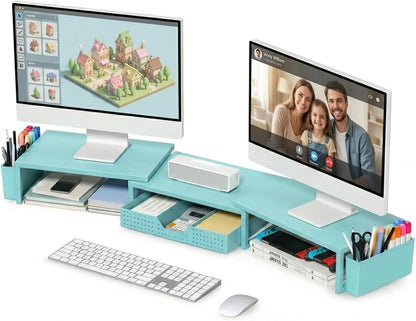 OPNICE Clear Acrylic Desk Organizers and Accessories, Dual Monitor Stand Riser with Drawer, Desk Shelf Computer Racks for Office Workspace Organizers, Desktop Organization (Transparent)