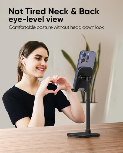 Cell Phone Stand, Adjustable Height Phone Stand for Desk, Eye Level Desktop Phone Holder Compatible with iPhone, Pro Max, Samsung, and All Mobile Phones up to 10''