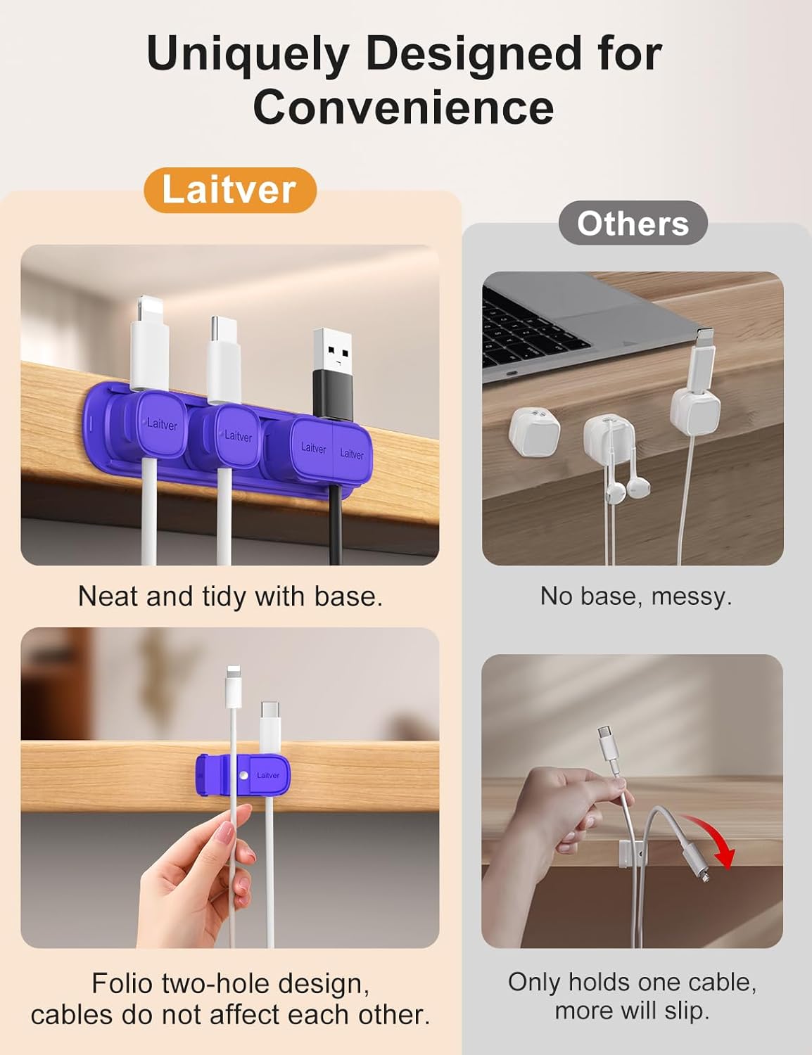 6 Pack Magnetic Cable Clips [1s Open/Lock], Laitver Cord Organizer Holder Strong Adhesive Desk Cable Management- Organize Charging Cords Neatly for Home, Office, Car,Desk, Nightstand