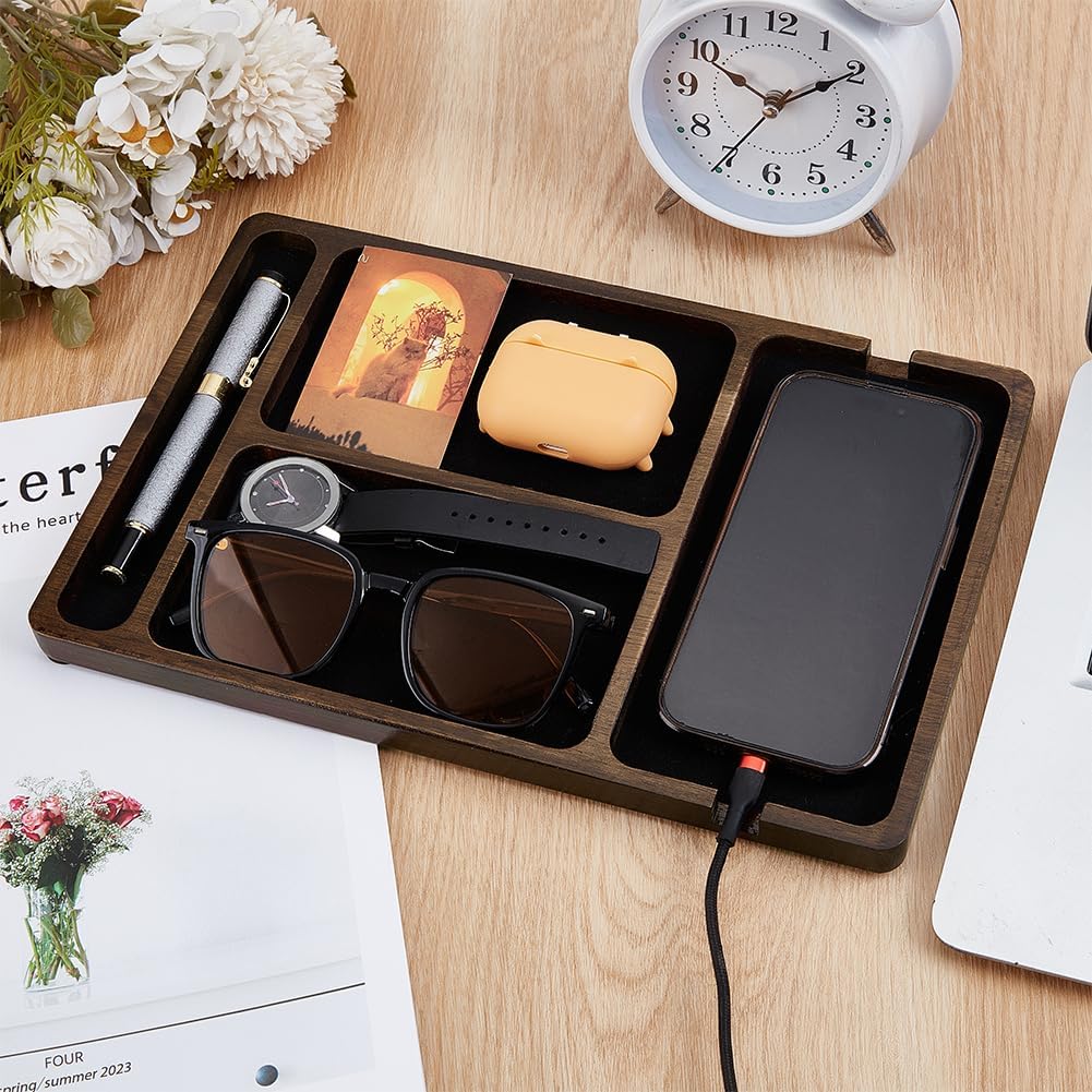 BENECREAT Wood Valet Tray, Black Wooden Catch All Tray, Tabletop Organizer for Key, Phone, Wallet, Watch, Earbud, Nightstand Storage Container, Watch Holder, 7.64x11.65 inches