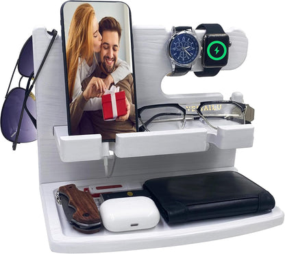 VEIYAILU Gifts for Men Women Dad Husband Boyfriend Wood Phone Docking Station Nightstand Organizer for Men Birthday Gifts (Dark Brown)