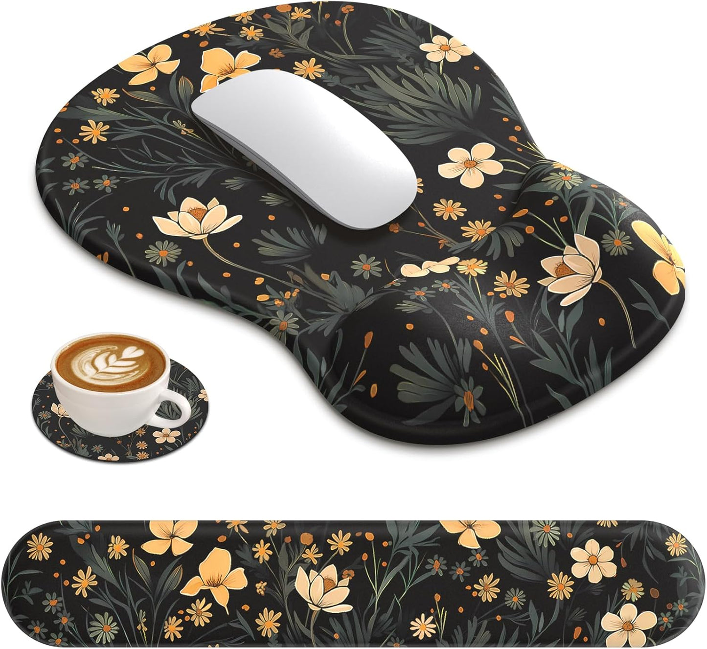 AKIT Ergonomic Mouse Pad and Keyboard Wrist Rest Set, Gel Memory Foam Wrist Rest with Non-Slip Base, 3-in-1 Mousepad Set for Pain Relief, Desk Accessories for Gaming, Home, Office(Black)