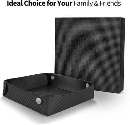 Leather Catchall Tray for Men, Valet Tray Organizer for Wallet, Keys, Accessories,Leather Carbon Fiber Desktop Storage Tray,Red