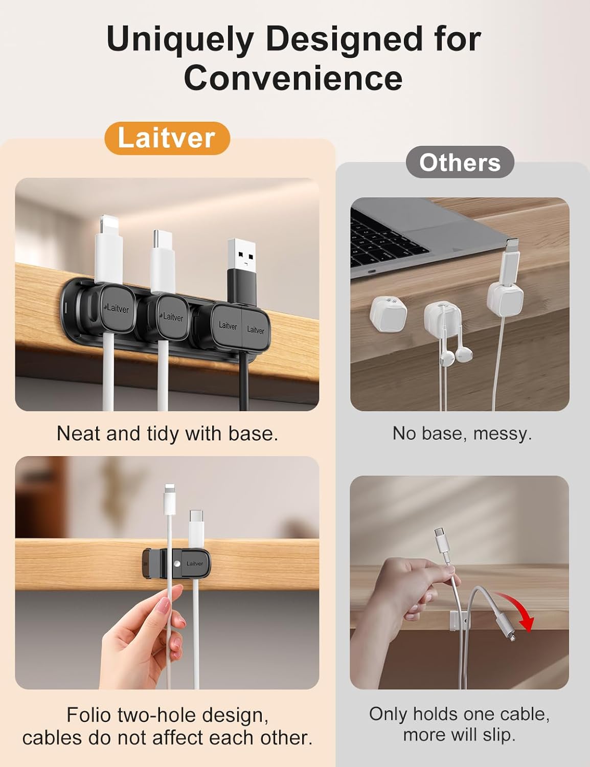 6 Pack Magnetic Cable Clips [1s Open/Lock], Laitver Cord Organizer Holder Strong Adhesive Desk Cable Management- Organize Charging Cords Neatly for Home, Office, Car,Desk, Nightstand