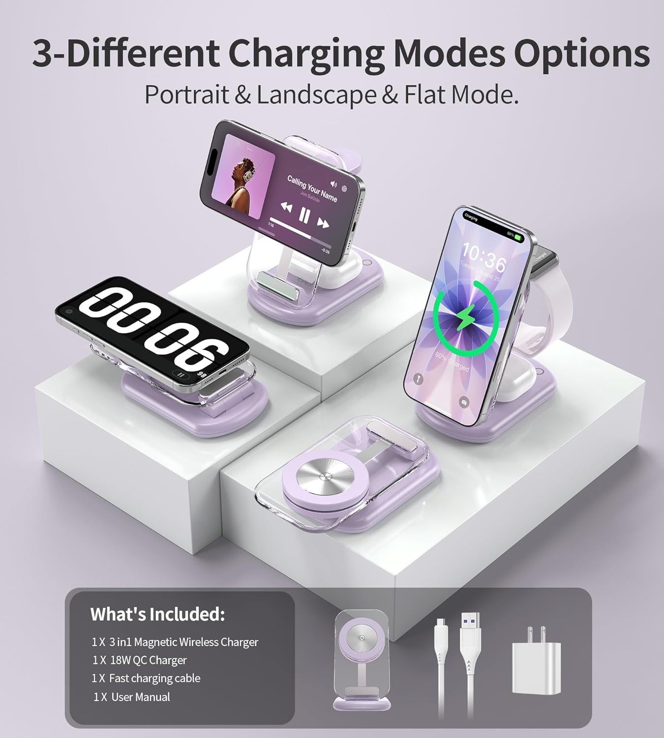 3 in 1 Magnetic Wireless Charging Station for Apple Devices, Fast Foldable Travel Mag-Safe Charger Stand with Night Light for iPhone 17 16 15 14 13 12 Series, Apple Watch/AirPods Pro, BU