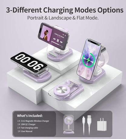 3 in 1 Magnetic Wireless Charging Station for Apple Devices, Fast Foldable Travel Mag-Safe Charger Stand with Night Light for iPhone 17 16 15 14 13 12 Series, Apple Watch/AirPods Pro, BU