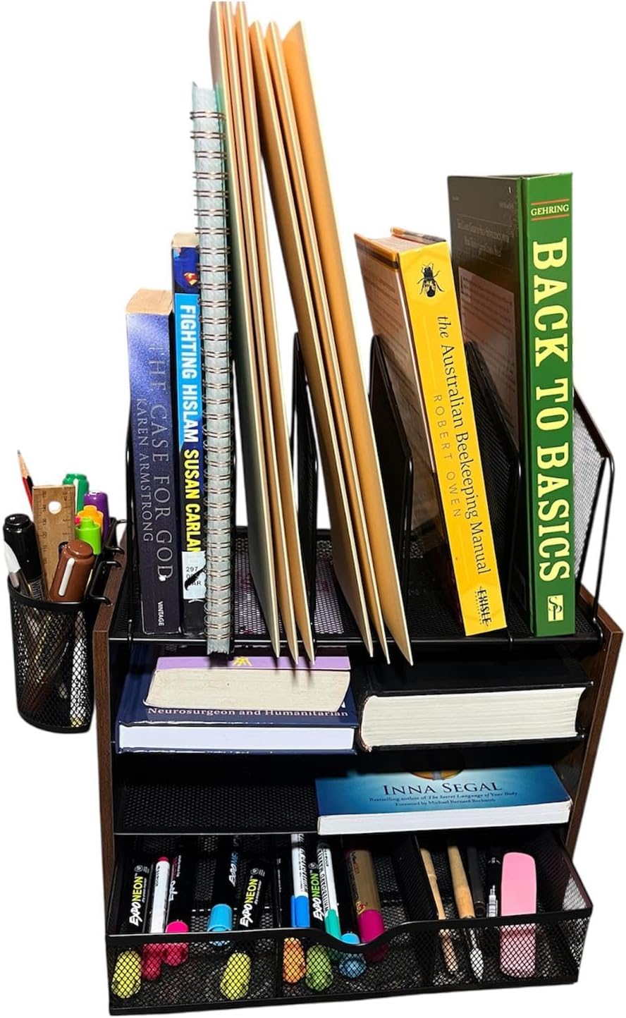 Wooden Desk Organizer - 4-Tier Desktop File Organizer with Drawer, Wooden Paper Tray, Vertical File Holders & 2 Pen Holders - Office Desk Organizer for Papers, Mail, Notebooks, Stationery