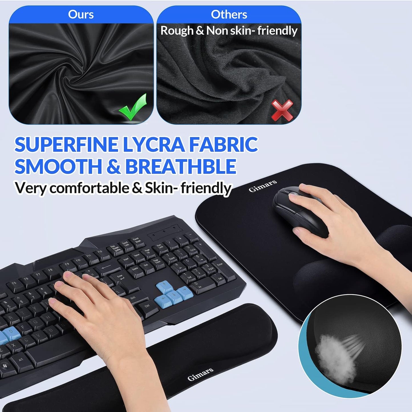 Gimars Elongate Smooth Lycra Fabric Ergonomic Mouse Pad Wrist Support, Gel Memory Foam Cushion Set Keyboard Wrist Rest Support, Pain Relieve for Computer, Laptop, Office, School, Home, Gaming, Black
