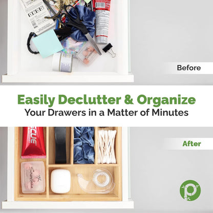 Pristine Bamboo Expandable Drawer Organizers for Kitchen - Extra Deep Non-Slip 17” x 14.6” (expands up to 25 inches) - Dark Wooden Silverware Divider (10 Compartments) – Organize Cooking Utensils