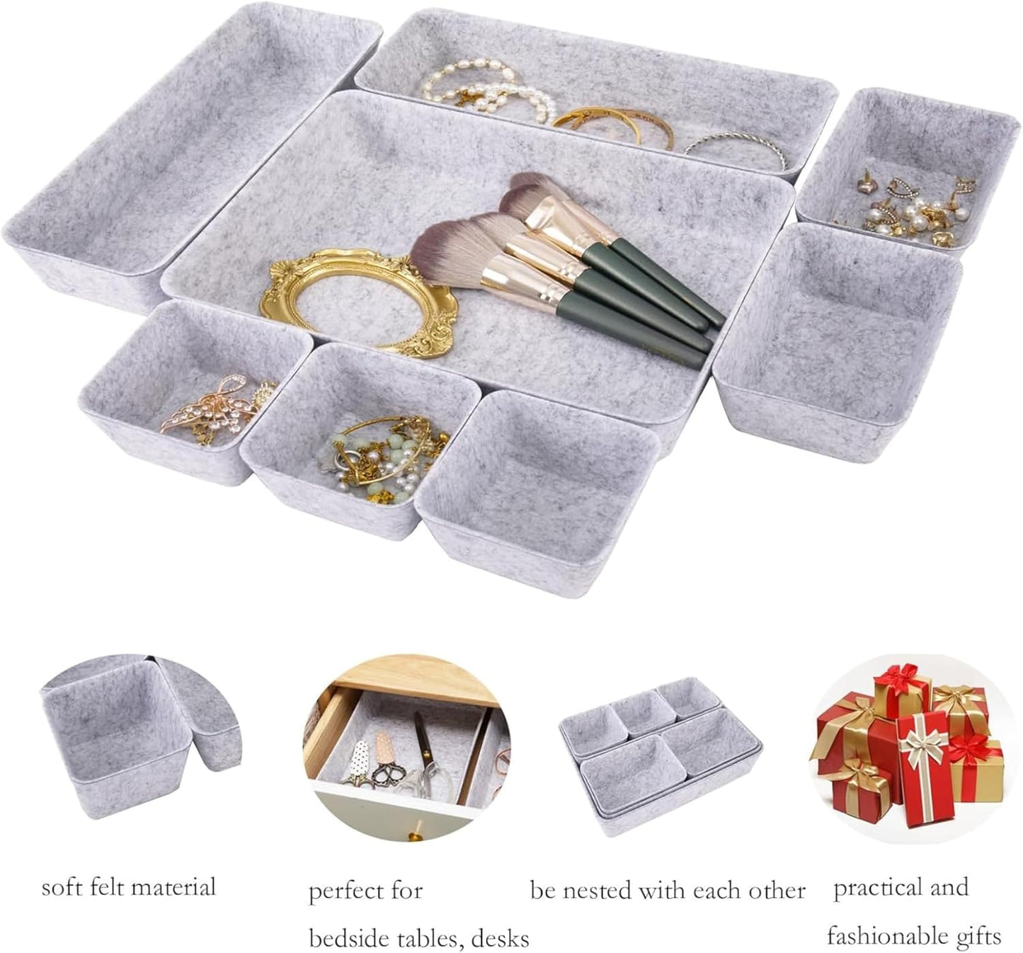 8 Pack Felt Drawer Organizer Trays, Shallow Desk Drawer Dividers Set, Modular Storage Bins for Office Supplies, Makeup & Jewelry (Light gray)