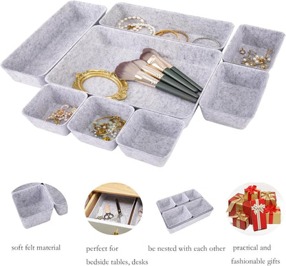 8 Pack Felt Drawer Organizer Trays, Shallow Desk Drawer Dividers Set, Modular Storage Bins for Office Supplies, Makeup & Jewelry (Light gray)