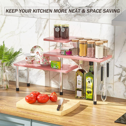 ZHWS Kitchen Countertop Organizer Spice Rack for Salt, Bathroom Counter Organizer Over Sink for Makeup, Skincare, Adjustable 3-Tier Corner Counter Shelf with 4 Hooks for Coffee Bar Dresser Table