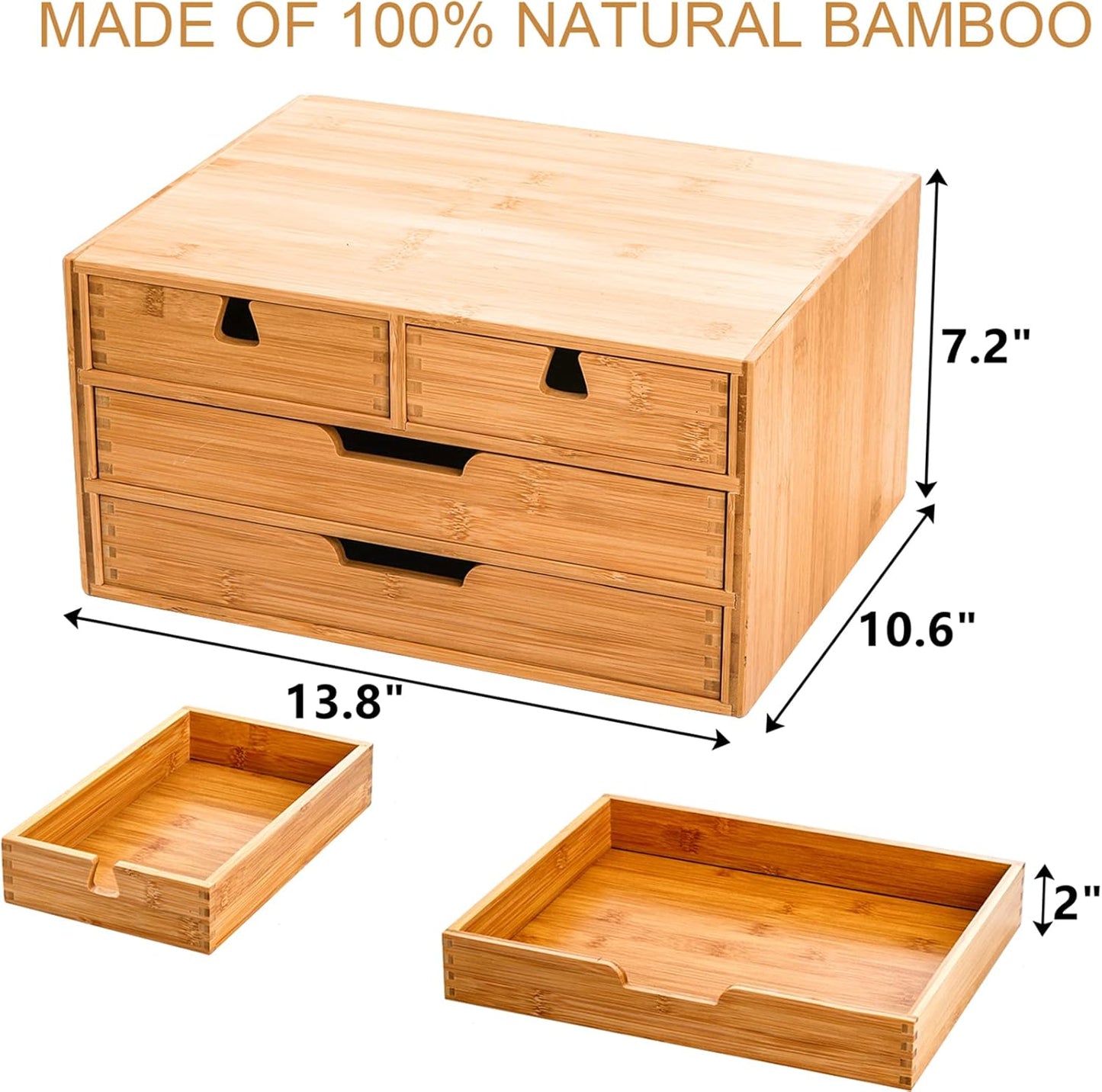 DEAYOU Bamboo Desk Organizer, 100% Natural Bamboo Desktop Drawer Organizer, Tabletop Storage Cabinet Organization Box with 4 Drawers for Makeup, Letter, Home Office Supplies, 3-Layer, Fully Assembled
