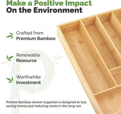 Pristine Bamboo Expandable Drawer Organizers for Kitchen - Extra Deep Non-Slip 17” x 14.6” (expands up to 25 inches) - Dark Wooden Silverware Divider (10 Compartments) – Organize Cooking Utensils