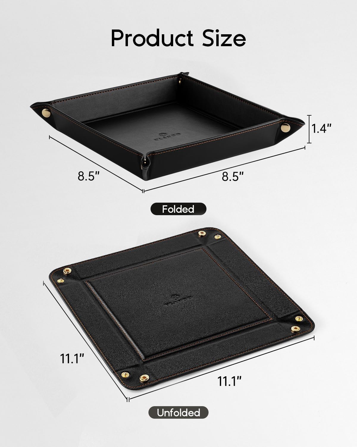 VLANDO Valet Tray for Men Women, Nightstand Organizer Vanity Catchall Holder for Dresser Desk Storage Bedside, Travel PU Leather Jewelry Key Bowl Coin Watches and Candy Entryway Tray - Large, Brown
