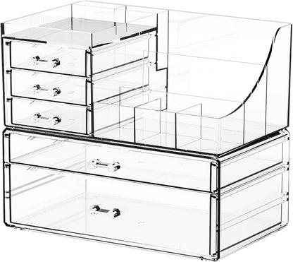 Yieach 3 Pack Clear Makeup Organizer Countertop for Dresser,Vanity and Bathroom Counter Organizer,Tiered Stackable Makeup Acrylic Organizers with 9 Drawer for Skincare,Brush and Make up Holders