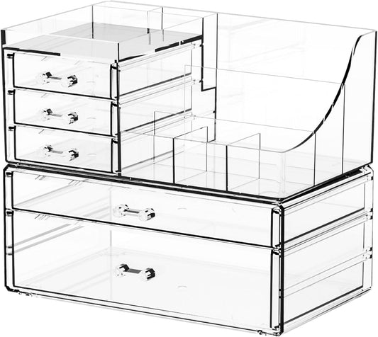 Yieach 3 Pack Clear Makeup Organizer Countertop for Dresser,Vanity and Bathroom Counter Organizer,Tiered Stackable Makeup Acrylic Organizers with 9 Drawer for Skincare,Brush and Make up Holders
