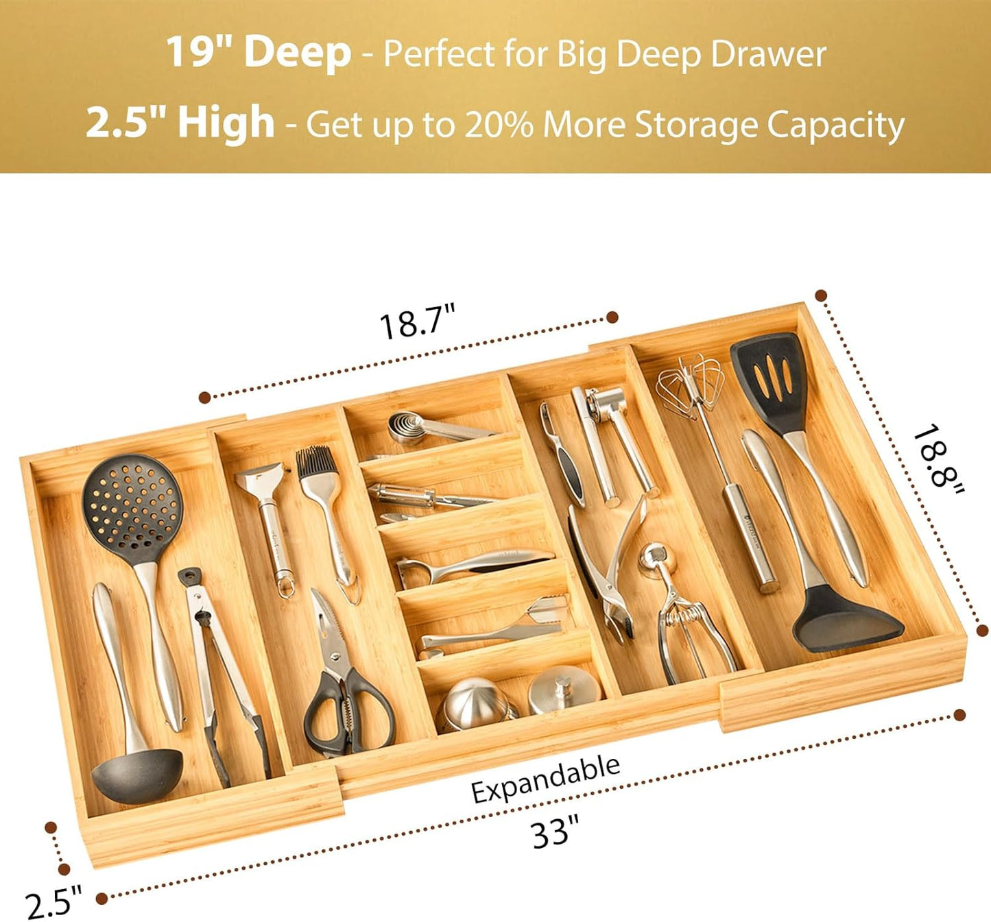 Umilife Expandable Kitchen Drawer Organizer, 2.5" High Bamboo Utensils Silverware Tray, Adjustable Large Deep Wood Organization Holder