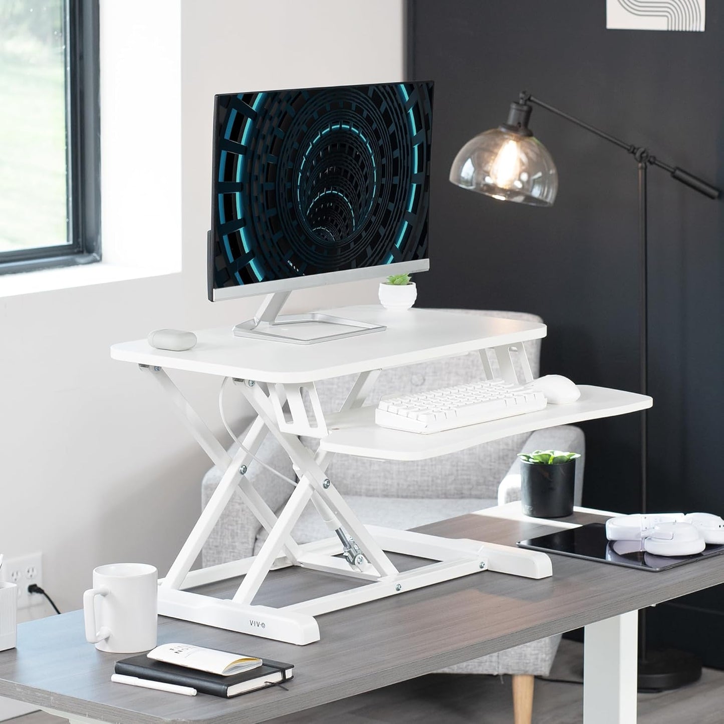 VIVO 26 inch Desk Converter, K Series, Height Adjustable Sit to Stand Riser, Dual Monitor and Laptop Workstation with Keyboard Tray, Black, DESK-V026KB